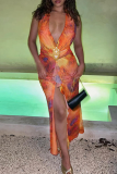 Tangerine Red Sexy Print Flounce Halter Long Dresses