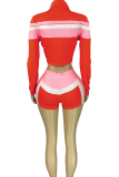 Tangerine Red Casual Zipper Contrast Zipper Collar Long Sleeve Three Pieces