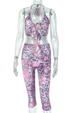 Pink Sexy Leopard Print Strap Design Halter Sleeveless Two Pieces