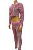 Pink Casual Digital Sequins Cross Straps O Neck Long Sleeve Two Pieces