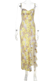 Yellow Sexy Print Slit Flounce Spaghetti Strap Irregular Dresses