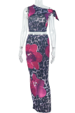 Leopard Print Elegant Print Strap Design Oblique Collar Sleeveless Two Pieces