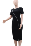 Black Elegant Solid Color Patchwork O Neck Wrapped Skirt Dresses