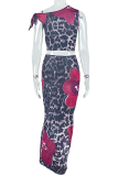 Leopard Print Elegant Print Strap Design Oblique Collar Sleeveless Two Pieces