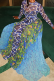Turquoise Casual Print Patchwork O Neck Long Dresses