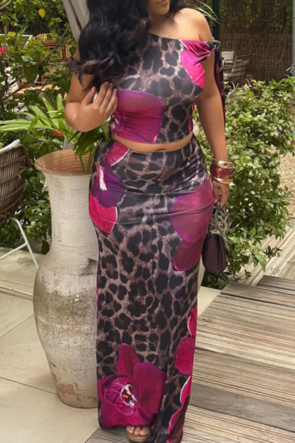 Leopard Print Elegant Print Strap Design Oblique Collar Sleeveless Two Pieces