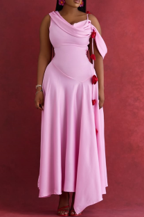 Pink Elegant Solid Color Flower Shape Oblique Collar Irregular Dresses