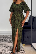 Army Green Casual Vacation Print Slit O Neck Long Dresses