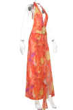 Tangerine Red Sexy Print Flounce Halter Long Dresses