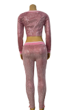 Pink Casual Digital Sequins Cross Straps O Neck Long Sleeve Two Pieces