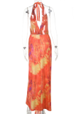 Tangerine Red Sexy Print Flounce Halter Long Dresses