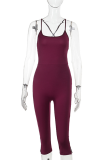 Rose Red Casual Sportswear Solid Color Backless Spaghetti Strap Skinny Rompers