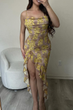 Yellow Sexy Print Slit Flounce Spaghetti Strap Irregular Dresses