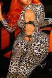 Leopard Print Sexy Leopard Print Hollow Out Strap Design O Neck Skinny Jumpsuits