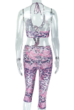 Pink Sexy Leopard Print Strap Design Halter Sleeveless Two Pieces
