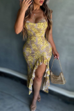 Yellow Sexy Print Slit Flounce Spaghetti Strap Irregular Dresses