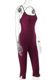 Rose Red Casual Sportswear Solid Color Backless Spaghetti Strap Skinny Rompers