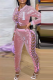 Pink Casual Digital Sequins Cross Straps O Neck Long Sleeve Two Pieces