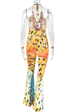 Yellow Blue Sexy Print Backless Strap Design Halter Boot Cut Jumpsuits