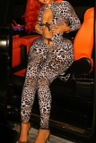 Leopard Print Sexy Leopard Print Hollow Out Strap Design O Neck Skinny Jumpsuits