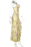 Yellow Sexy Print Slit Flounce Spaghetti Strap Irregular Dresses