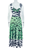 Green Sexy Print High Slit Spaghetti Strap Irregular Dresses