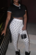 Black And White Casual Print O Neck Short Sleeve Two Pieces