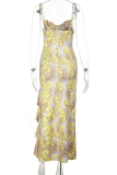 Yellow Sexy Print Slit Flounce Spaghetti Strap Irregular Dresses