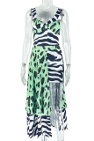 Green Sexy Print High Slit Spaghetti Strap Irregular Dresses