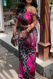 Leopard Print Elegant Print Strap Design Oblique Collar Sleeveless Two Pieces