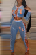 Blue Casual Digital Sequins Cross Straps O Neck Long Sleeve Two Pieces
