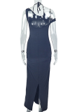 Black Elegant Solid Color Patchwork Halter Long Dresses
