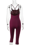 Rose Red Casual Sportswear Solid Color Backless Spaghetti Strap Skinny Rompers