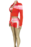 Tangerine Red Casual Zipper Contrast Zipper Collar Long Sleeve Three Pieces