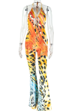 Yellow Blue Sexy Print Backless Strap Design Halter Boot Cut Jumpsuits