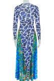 Turquoise Casual Print Patchwork O Neck Long Dresses