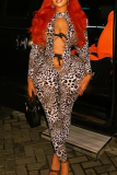 Leopard Print Sexy Leopard Print Hollow Out Strap Design O Neck Skinny Jumpsuits