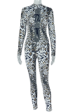 Leopard Print Sexy Leopard Print Hollow Out Strap Design O Neck Skinny Jumpsuits