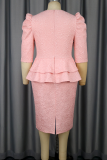 Pink Elegant Solid Color Patchwork V Neck Wrapped Skirt Dresses