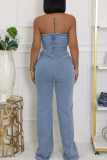 Light Blue Sexy Solid Color Buttons Strapless Sleeveless Regular Denim Jumpsuits