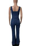 Blue Sexy Solid Color Buckle U Neck Sleeveless Bodycon Denim Jumpsuits