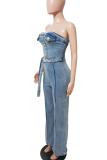 Light Blue Sexy Solid Color Buttons Strapless Sleeveless Regular Denim Jumpsuits