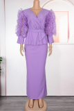 Purple Prom Elegant Solid Color With Belt Stringy Selvedge V Neck Evening Plus Size Dresses