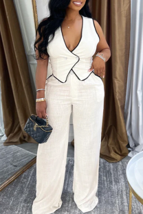 White Casual Solid Color Buttons Contrast V Neck Sleeveless Two Pieces