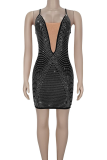 Black Sexy Solid Color Hot Drill Spaghetti Strap Wrapped Skirt Dresses