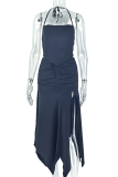 Apricot Sexy Solid Color High Slit Halter Sleeveless Two Pieces