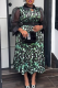 Green Casual Leopard Print Feathers With Belt Turndown Collar Long Plus Size Dresses