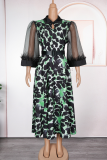 Green Casual Leopard Print Feathers With Belt Turndown Collar Long Plus Size Dresses