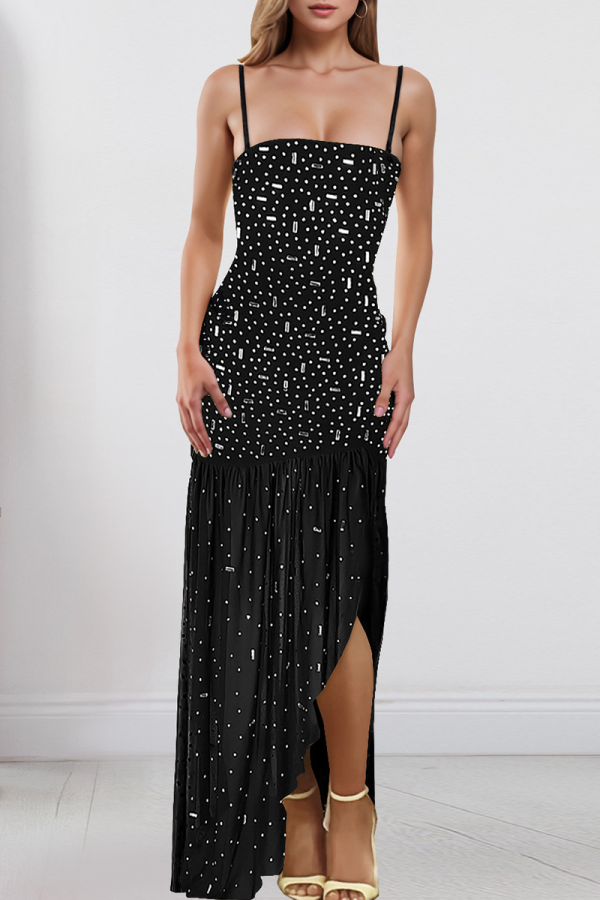 Black Sexy Solid Color Sequins Slit Spaghetti Strap Irregular Dresses