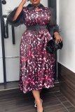Green Casual Leopard Print Feathers With Belt Turndown Collar Long Plus Size Dresses